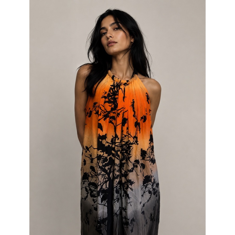 Madison Paige Sunset Tree M Halloween Artsy Sequin Halter Sundress Orange
